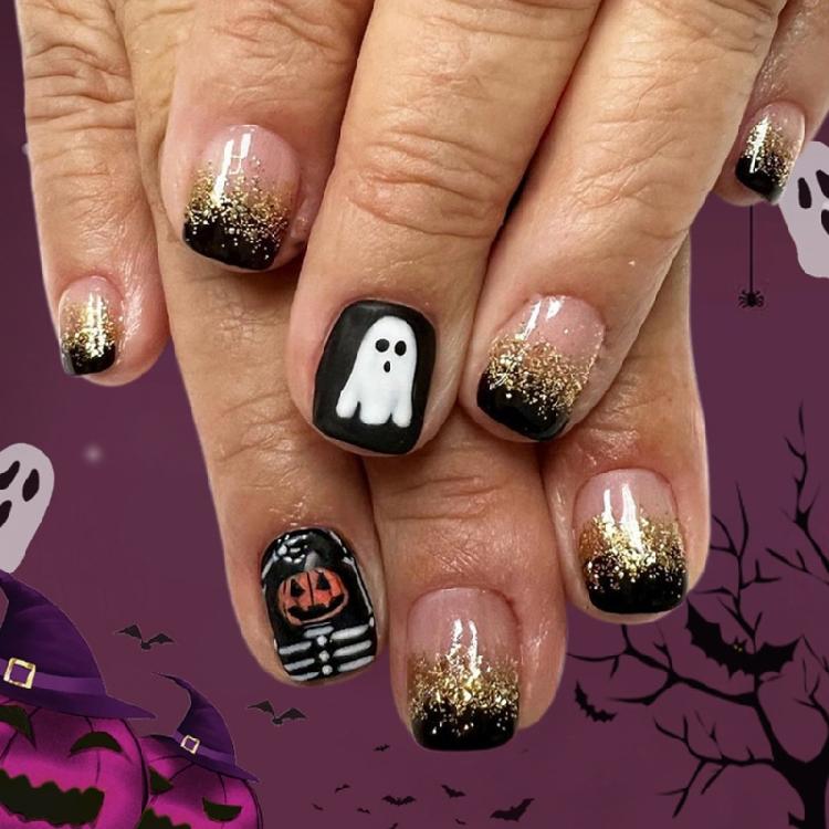 

Glittering Halloween Press On Nails Plastic Nail Art Stickers Featuring Skeleton Ghosty Bats Easy To Wear For Festival 1