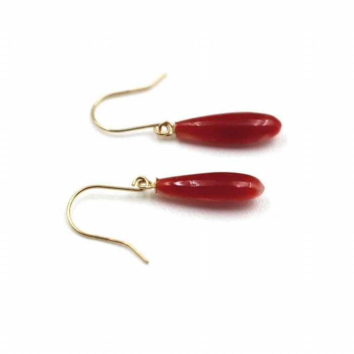 12mm Blood Red Coral American Style Pierced Droplet 18K Made In Japan Earrings, Shape, Gold, Undyed, Kochi,