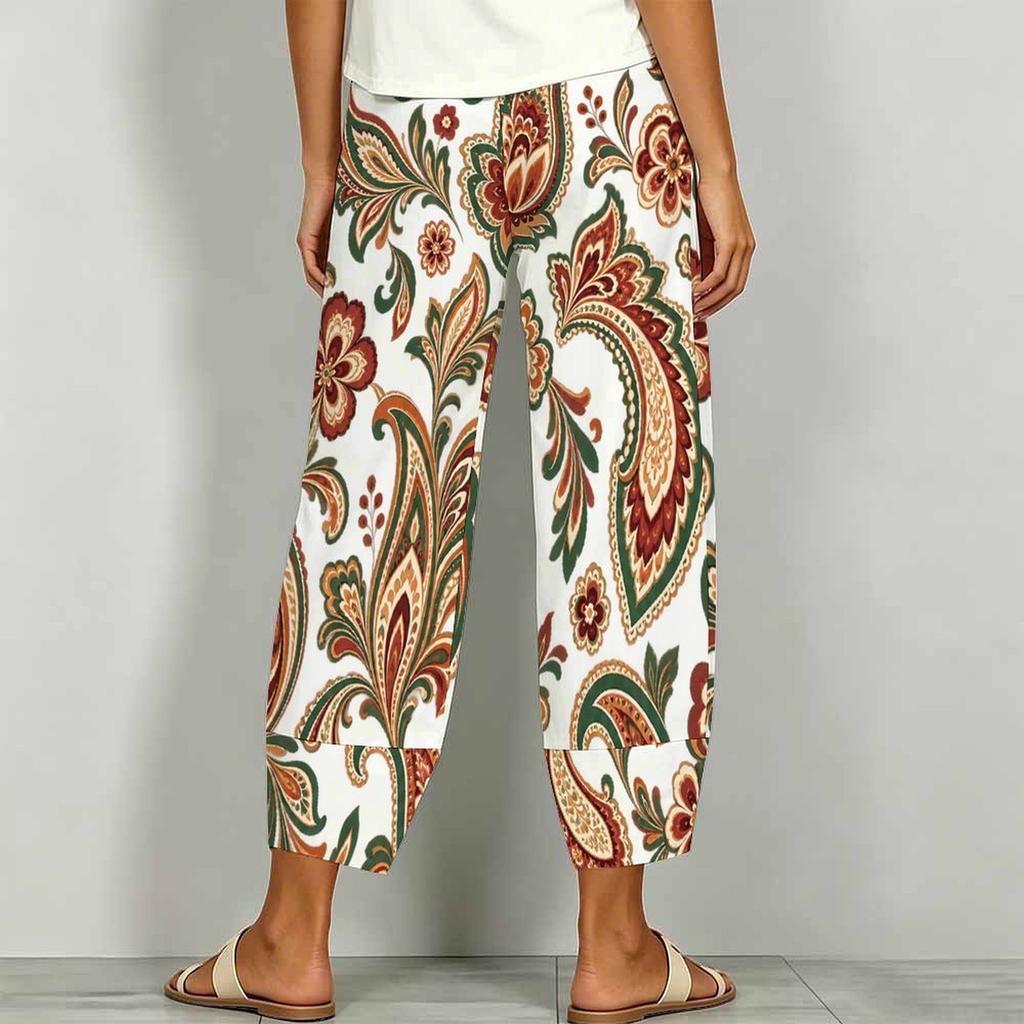 Women Plus Size Navy Blue Floral Paisley Printed Loose Cross Hem Cropped Pants With Pockets