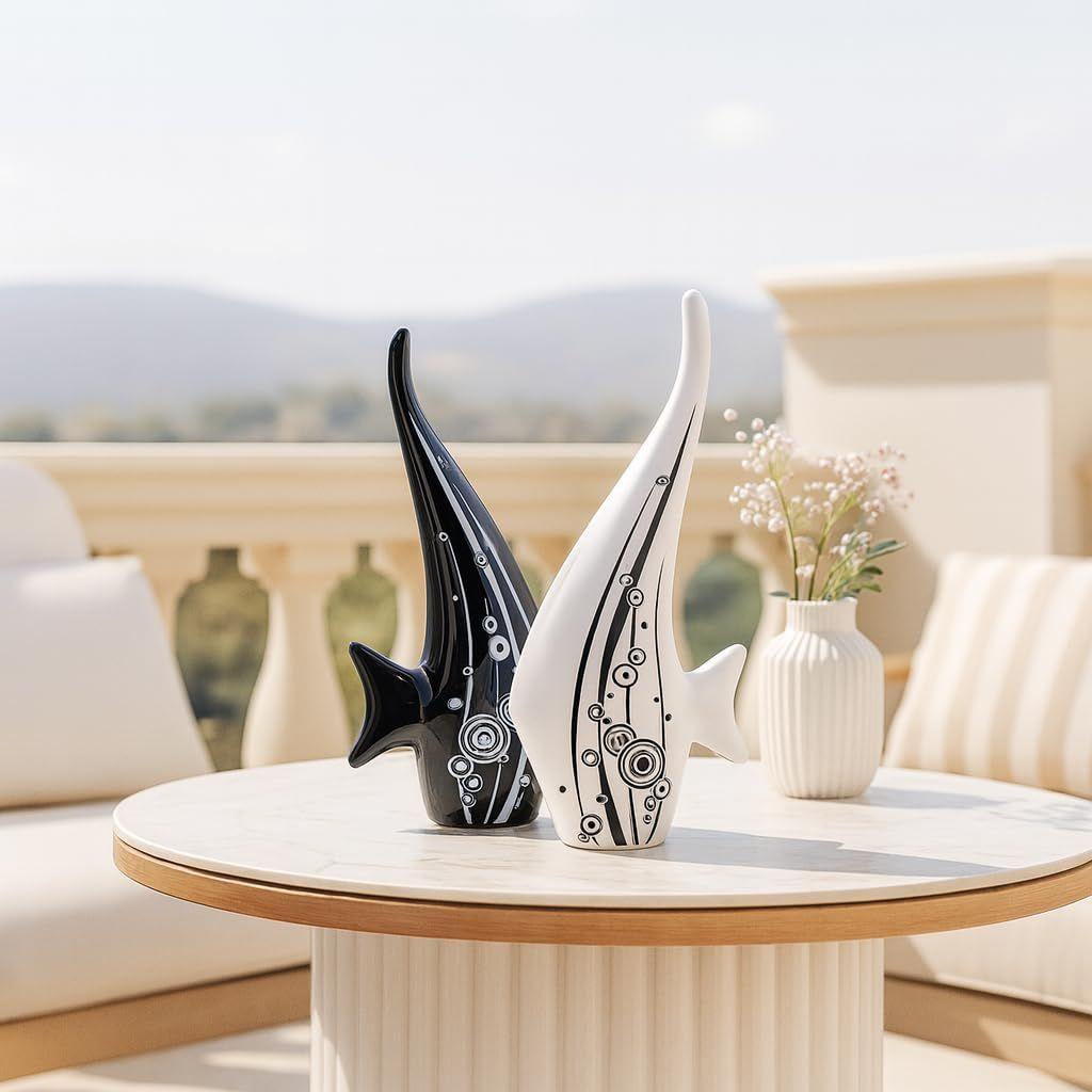 Modern Minimalist Black and White Bubble Fish Art Figure | Beautiful Home Decor- (Set of 2 Pc), Ceramic
