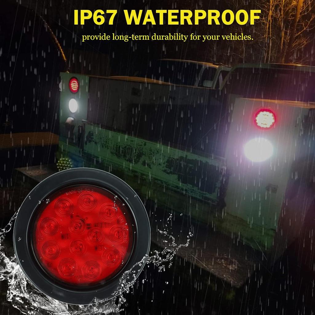 4Pcs 4" Round Red LED Trailer Tail Lights, Grommet Plug 12 LED Waterproof Stop Turn Signal Stop Brake Trailer Lights For Tractor Truck Bus Lorries