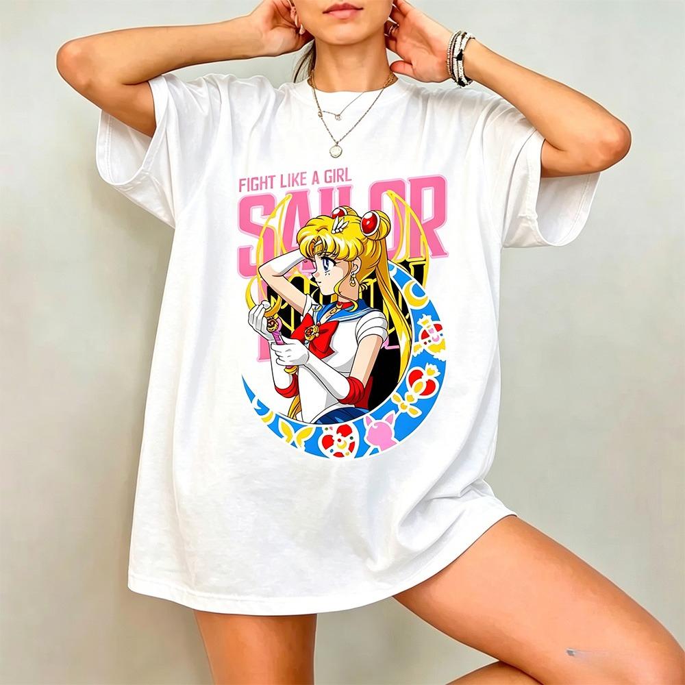 2026new American Retro Cotton Shortsleeved Tshirt With Sailor Moon Print Suitable For Both Unisex And Unisex Casual Street Style
