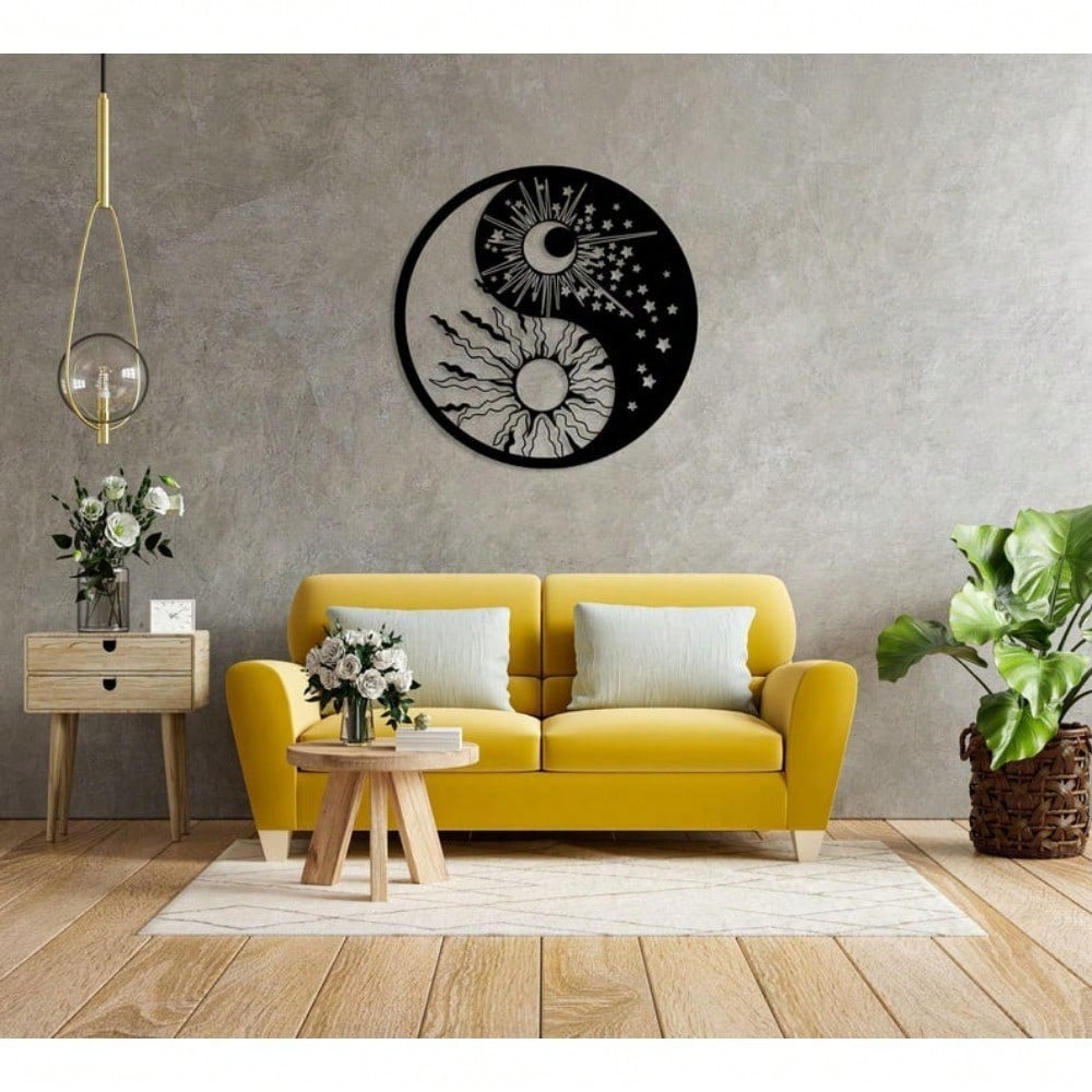 Yin Yang Sonne Mond Sterne Himmlische Metall-Wandkunst, Boho Meditationsdeko, Spirituelles Geschenk