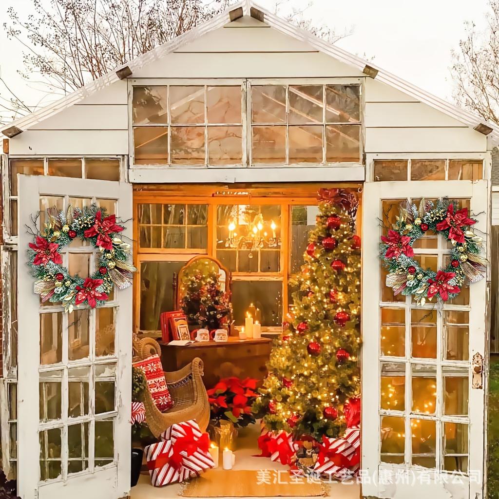 40CM Red Wreath Christmas Wreath For Fornt Door Gold Red Flowers Wreath Door Window Hanging Outdoor Indoor Christmas Decoration