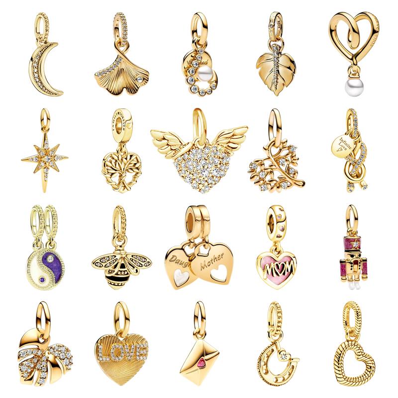 New Diy Jewelry Gift Engravable Heart & Arrow Double Sparkling Gold Flower & Heart Charm Beads Fit Original Bracelet Accessories