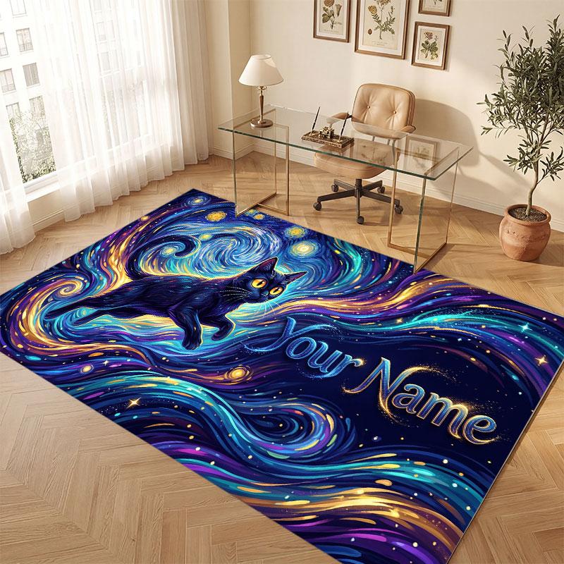 Cat Theme Crystal Velvet Floor Rug Personalized Custom Name Text Warm Carpet Home Decoration
