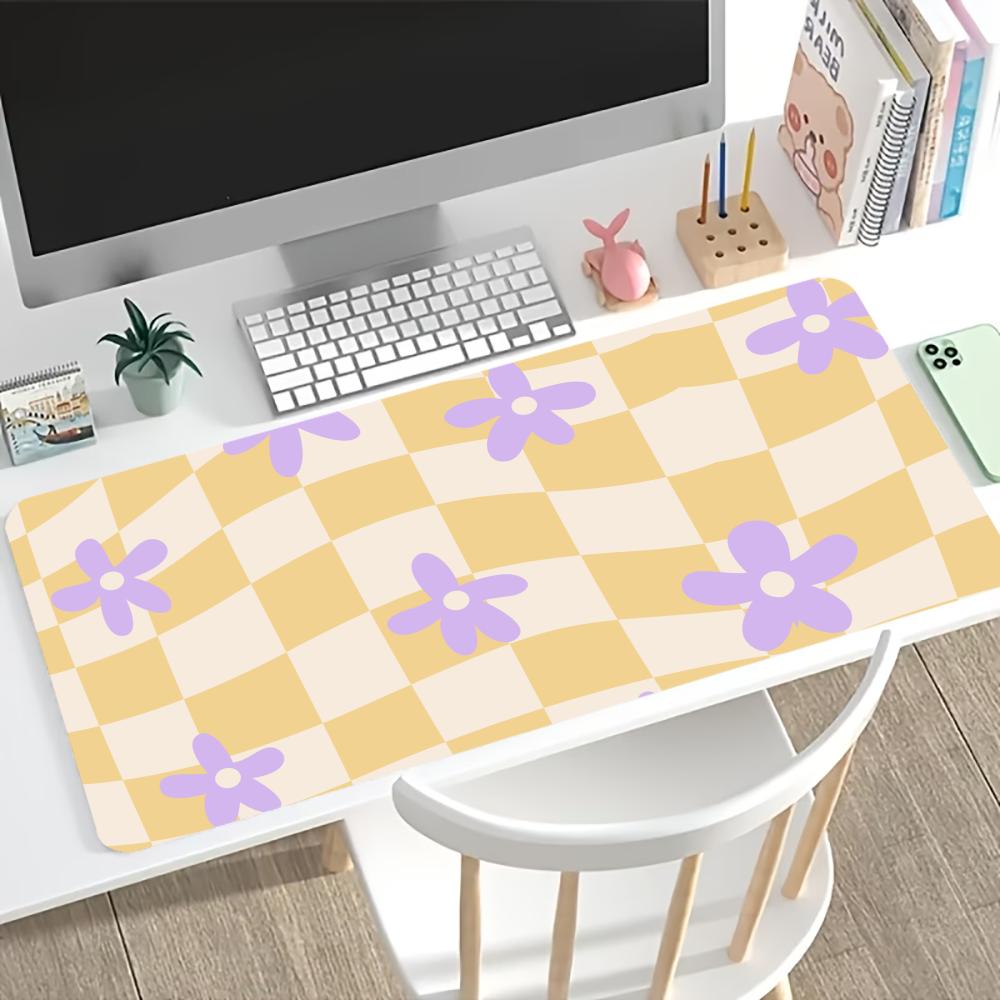 Pastel Checkerboard Flower Gaming Mouse Pad Non Slip Rubber Stitched Edge Keyboard Mat For Laptop Office Desktop Decor