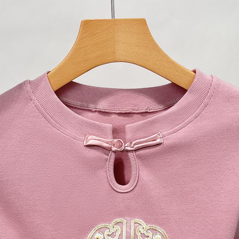 Embroidered Short-sleeved T-shirt Women's New Women's Clothing New Chinese Button-up T-shirt Temperament Bag Sleeve Pleated Top