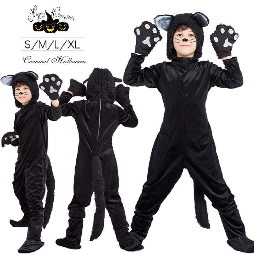 

[JUNDOMECY] Halloween Cosplay Black Cat Animal Costume for Kids Boys Girls Cute Black Fluffy All-in-one Kigurumi Cat Ears Cat Gloves with Tail