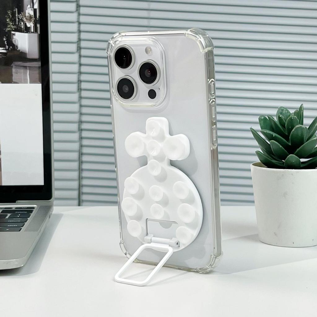 Magnetic Liquid Silicone Phone Case with Adhesive Metal Ring and Retractable Suction Cup Stand