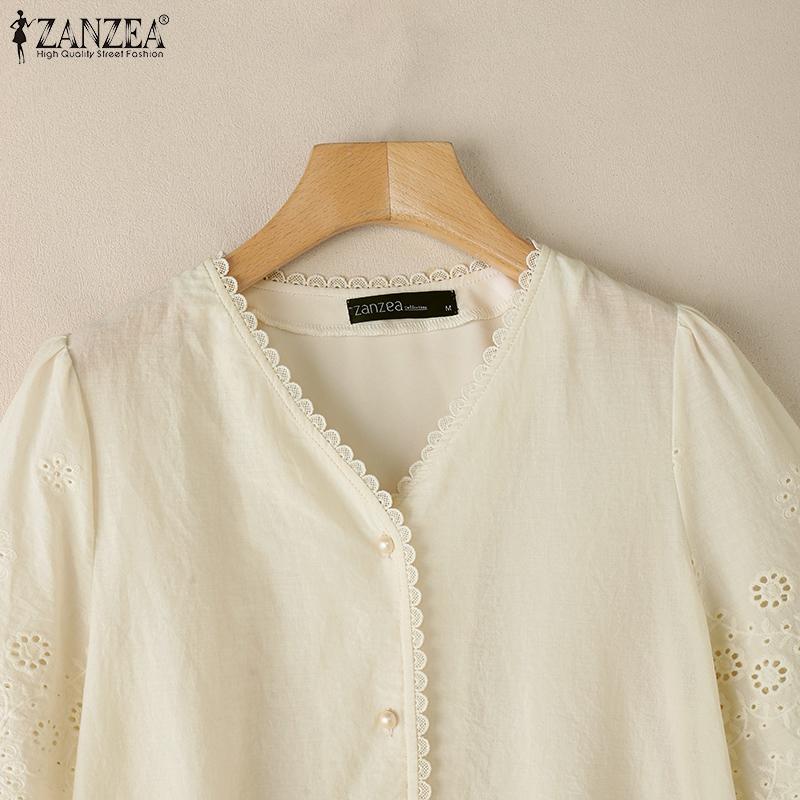 ZANZEA Blouse d'été décontractée à col en V pour femme, manches courtes, broderie dentelle