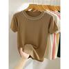Women's Summer Short Sleeve Knitted T-shirt New Fashion O Neck Beaded Knit Elegant Short Top Female Casual Simple Solid Color Ladies Tshirt 3112