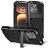 (Black) Metal Case for Iphone 16 Pro Withkickstand Glass Screen Protector 360 Full Body Protective Cover Shockproofheavy