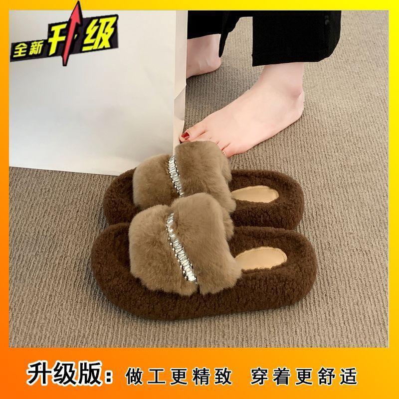 2025 autumn and winter new thick-bottomed fluffy slippers for women, fashionable and versatile for outdoor wear, indoor and outdoor lazy cotton slippe