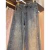 Stamping Diamond Jeans Women Spring Autumn Shiny Rivet Wide Leg Pants Straight Loose Denim Pants