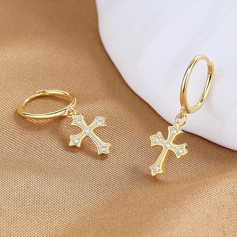 Earrings Femininity High-End Zircon Light Luxury Cross Star And Moon Asymmetric Ear Buckle Jewelry