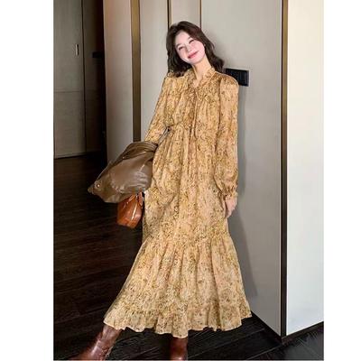 Pausa caffè vestito floreale francese da donna primavera e autunno nuovo temperamento retrò stile delicato bello super bello vestito lungo