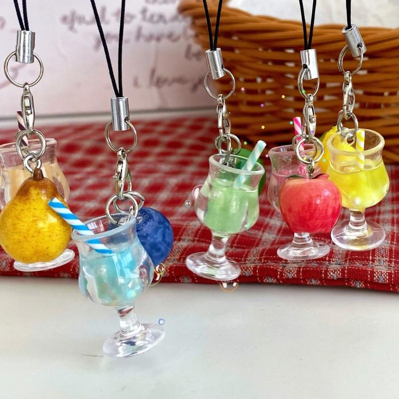 Miniature Drink Cup Keychain with Fruit Pendant Beaded Keyring Bag Accessories Gift for Women and Girls