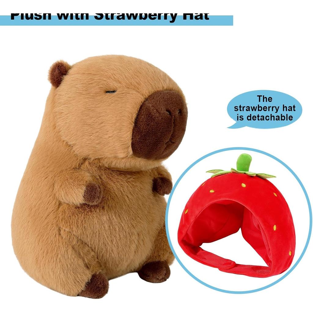 Capybara Plush Toy, Strawberry Hat Capybara Stuffed Animal, Soft Cuddly Plushie, 25 cm Decorative Pillow, Gift for Girls Kids 3+ Years