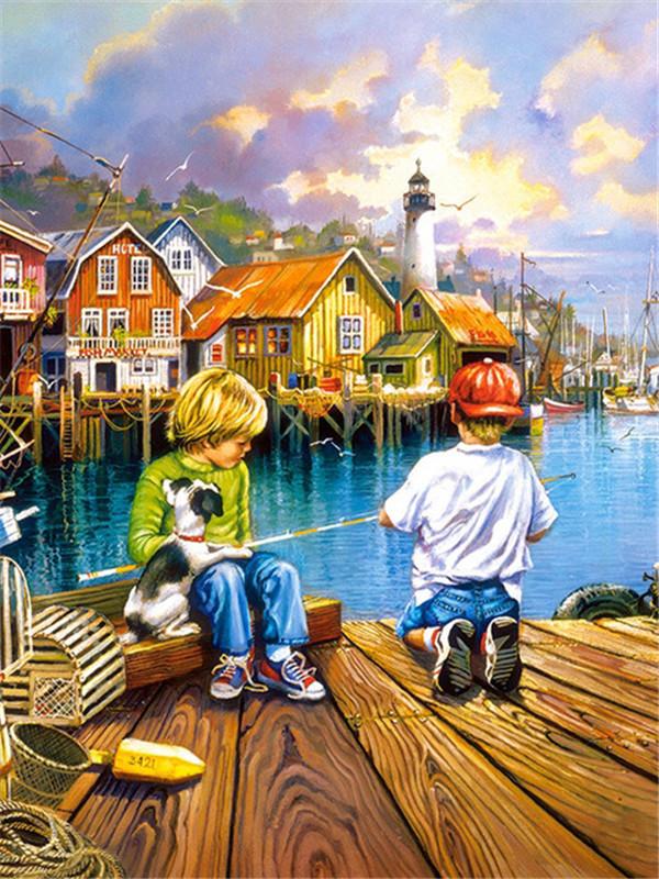 Diamond Painting With Square Rhinestones Kids River 5D Diamond Mosaic Embroidery Fishing Landscape Home Decor