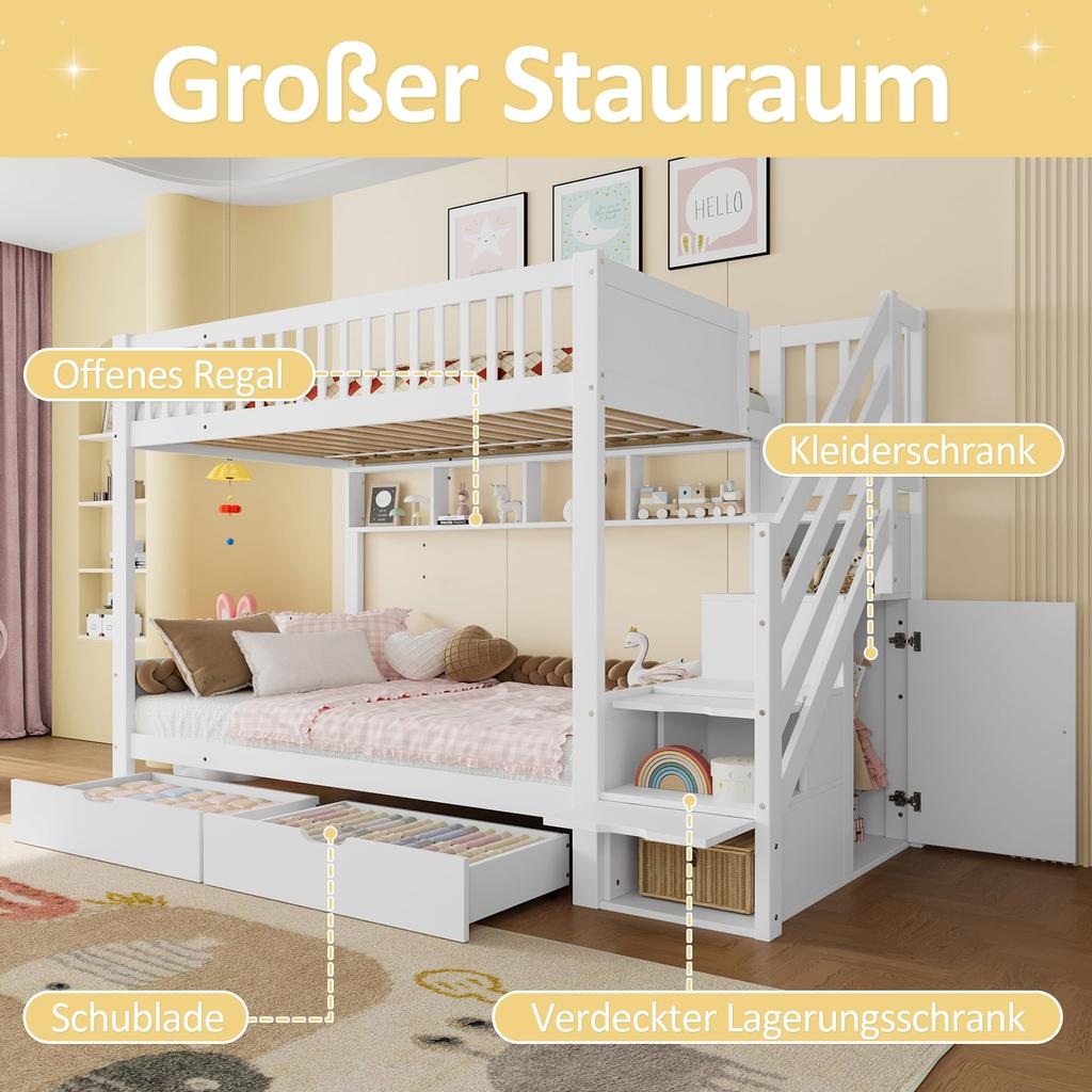 Kinder-Etagenbett 90x200 cm Hochbett Schublade Kleiderschrank Ablageleiter Regal Lattenrost Kiefernholz Weiß (ohne Matratze)