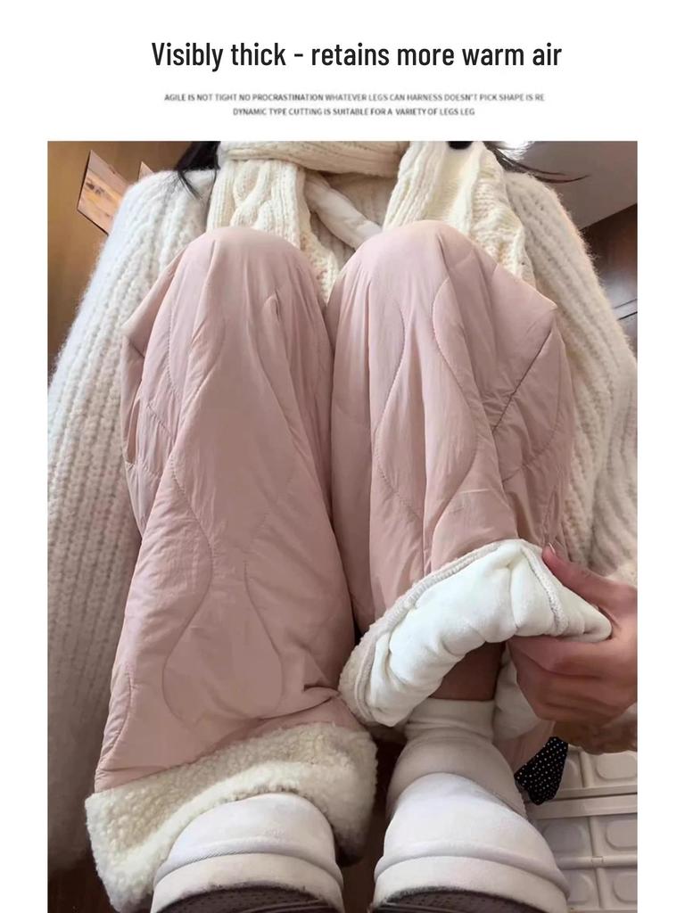 Women's Pink Fleece Cotton Wide-Leg Pants - Winter 2025 Casual Warm Plus Velvet Design