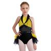 Kids Stage Performance Costume Turn-Down Collar Sleeveless Sheer Mesh Keyhole Back Sequins Leotard