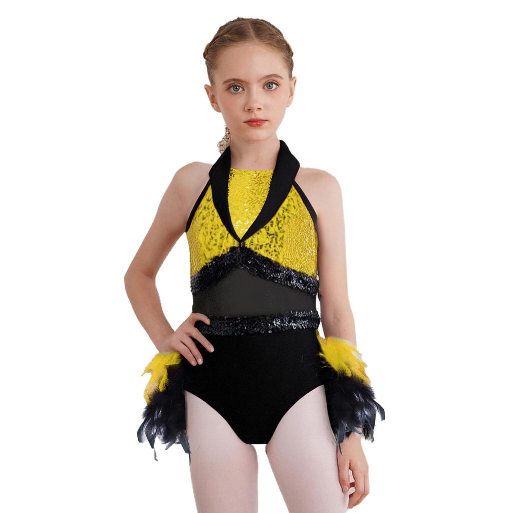 Kids Stage Performance Costume Turn-Down Collar Sleeveless Sheer Mesh Keyhole Back Sequins Leotard