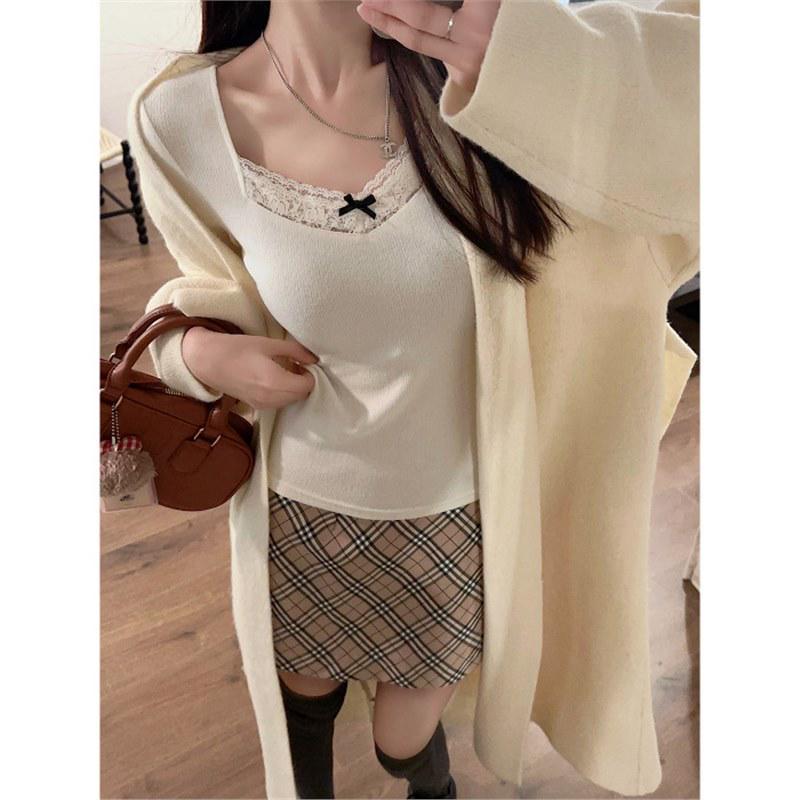 

Women s 2024 Autumn Lace Trim V-Neck Slim Fit Long Sleeve Patchwork Shirt Large абрикосовый
