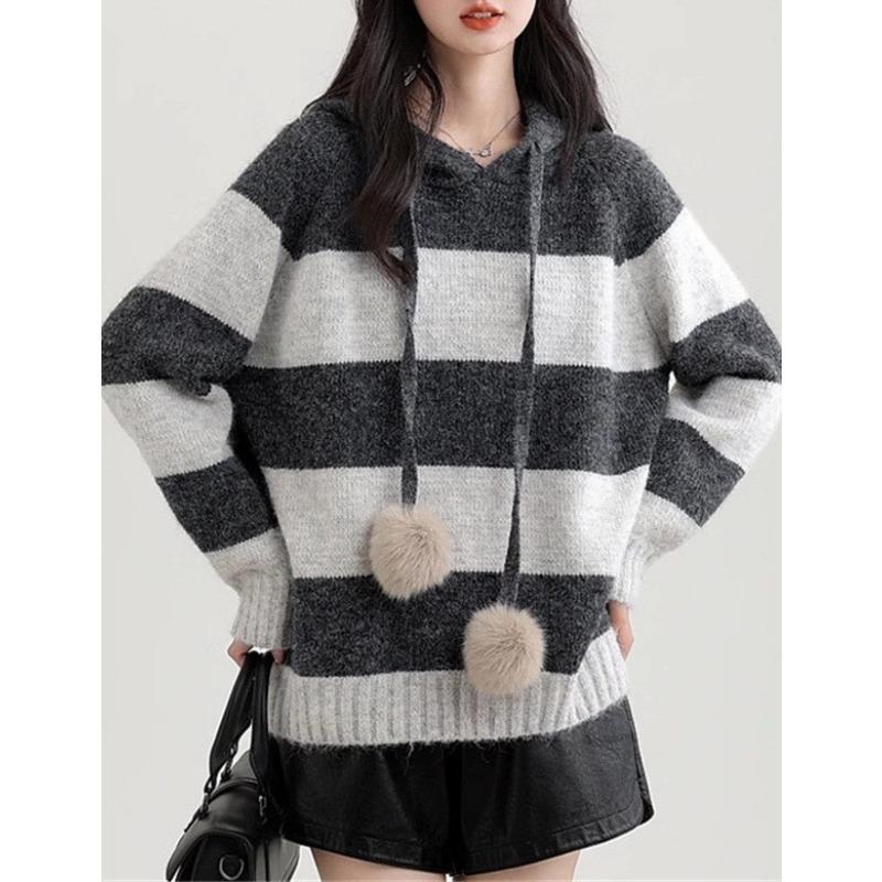 

Red striped hooded sweater women s autumn and winter new loose lazy wind soft waxy knitted sweater top women s outer wear average size серый