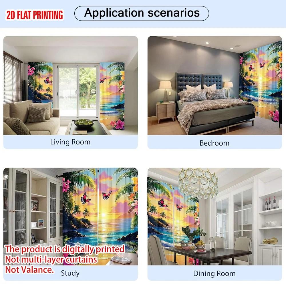 JIT 2pcs Floral Beach Scene Curtain   Light Filtering Window Drapes   Polyester Fabric   Living Room Decoration   Rod Pocket Curtain