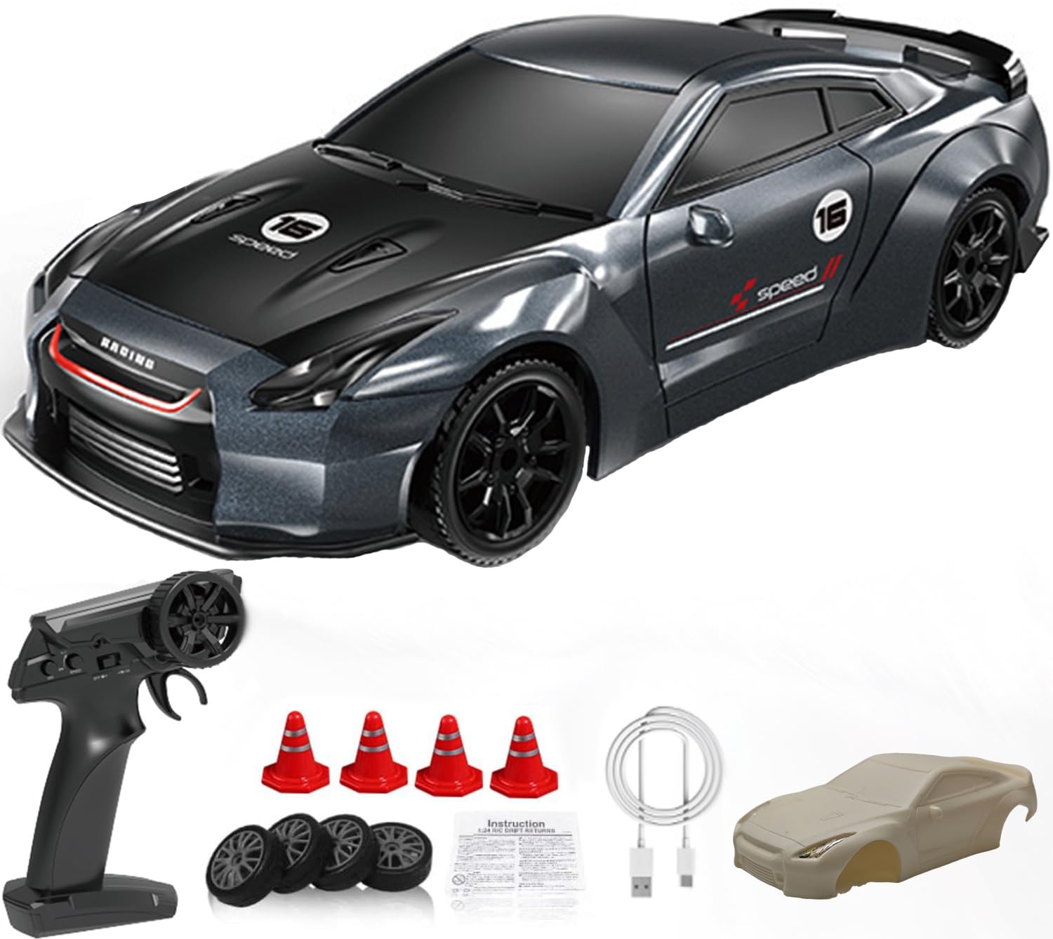 

KAIMIO 1:43 Scale Mini RC Drift Car Gyro Fully Proportional RTR 2.4Ghz Remote Control with RGB Lights and 1 Replacement Body Shell (8503-Black)