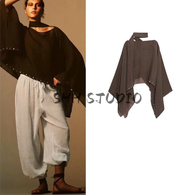 Spring New Women's Clothing Casual Style Lyocell Blended Rivet Scarf V Neck Wide Sleeve Cloak 3067719