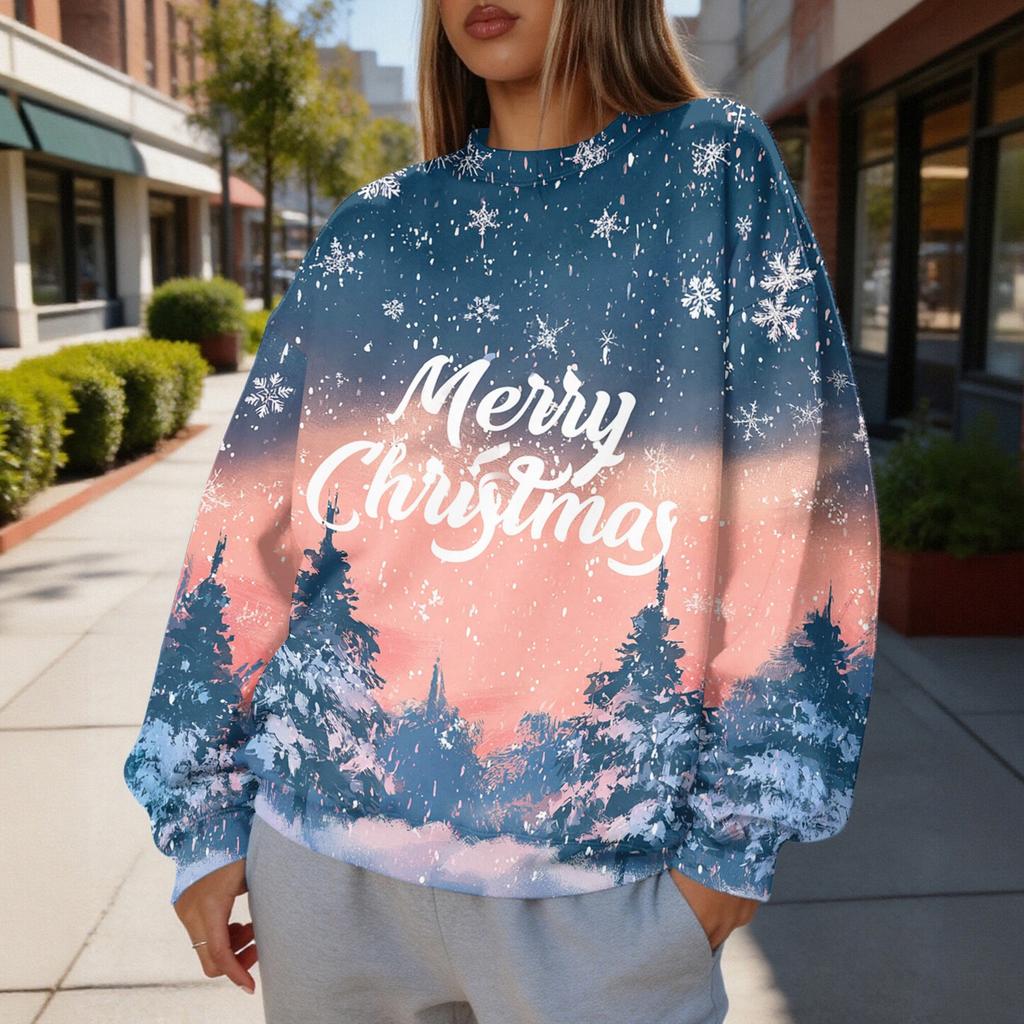 Women's Christmas Print Crewneck Sweatshirt, Lightweight Casual Trendy Pullover for Holiday Wear