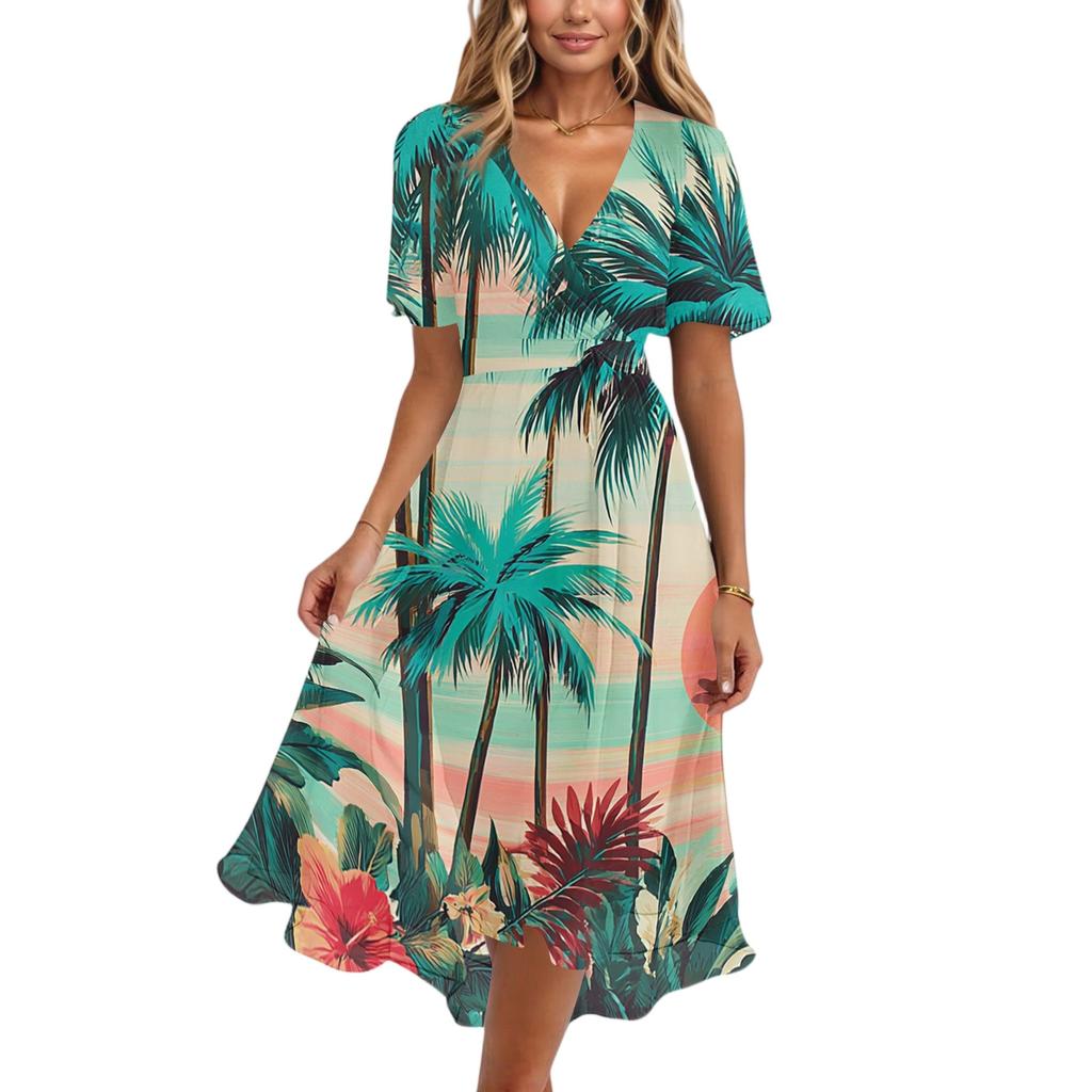 Women V Neck Short Sleeve Casual Dress Summer Hawaiian Print Midi Dress Loose Fit Lightweight Soft Fabric Flowy Skirt Beachwear