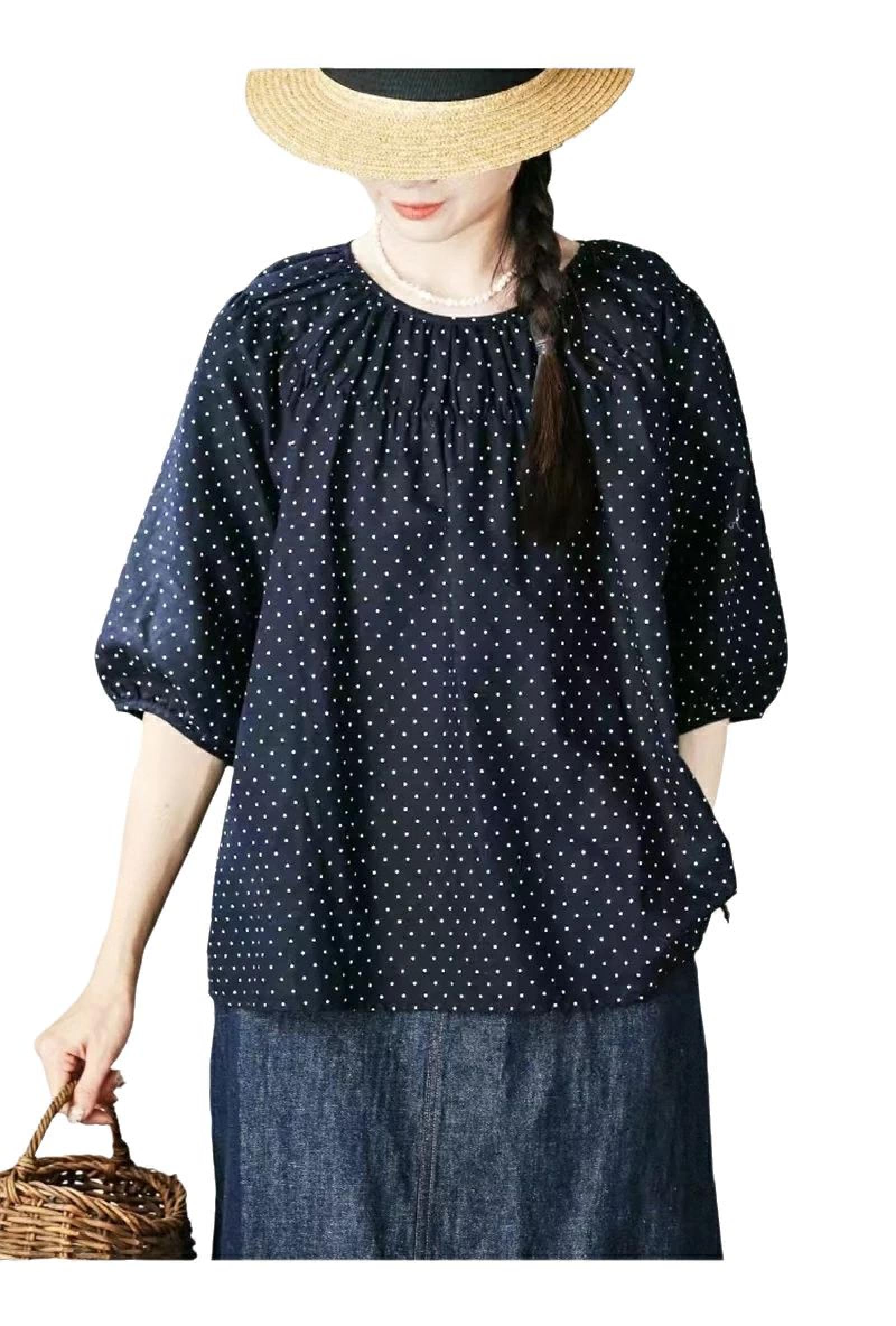 

Blouse Tops Polka Dot Shirt Short Sleeve T Summer Cotton Linen Blouse Linen Dot Tunic Short Sleeve Blouse Cotton M [su- sumairu-maihoomu] Women s синий