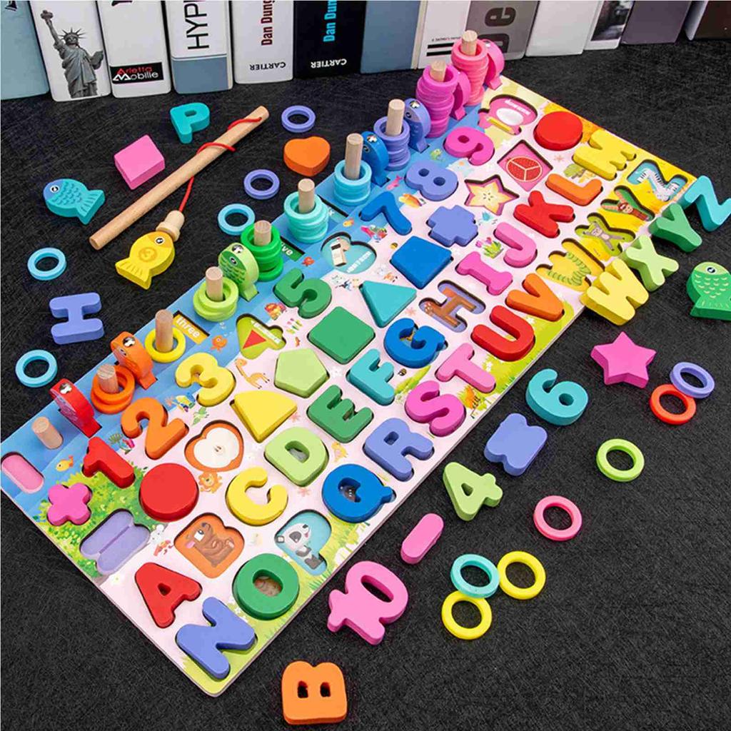 Wooden Number Puzzle Shape Sorter Counting & Matching Game Magnetic Fishing Game Logarithmic Board Montessori Toy for