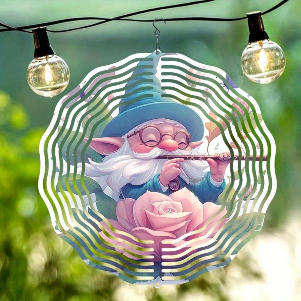 1 Stück Metall-Windspiel mit Rosen- und Zwerg-Design 2D Hängende Gartendekoration Kein Strom benötigt Outdoor Hof Ornament