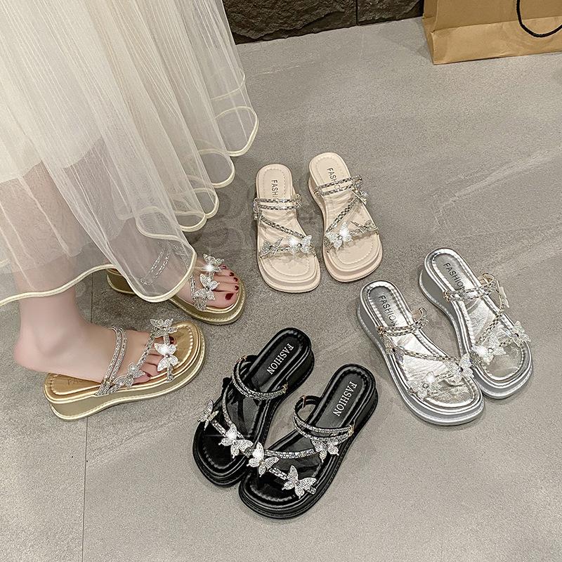 Rhinestone Bow Thick-bottomed Cool Slippers Women's 2025 Summer New Outer Wear Fashionable Versatile Slope Heel Muffin One-word Drag