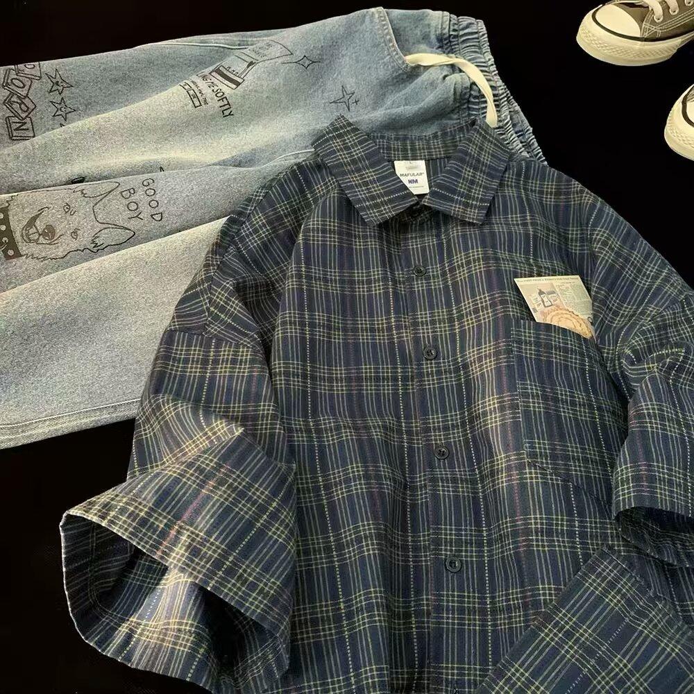 

Retro Plaid Short-sleeved Shirt Loose Casual Half-sleeved Jacket XXL синій