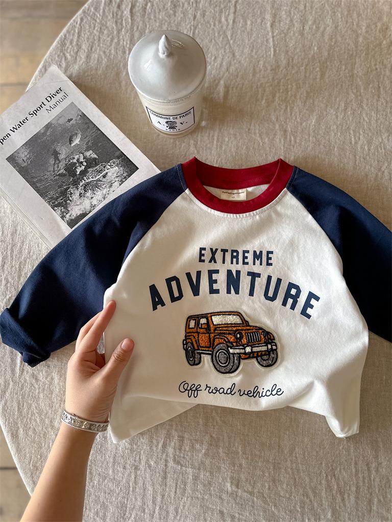 Boys Long Sleeve Cotton T Shirt with Cartoon Embroidery for Spring Autumn