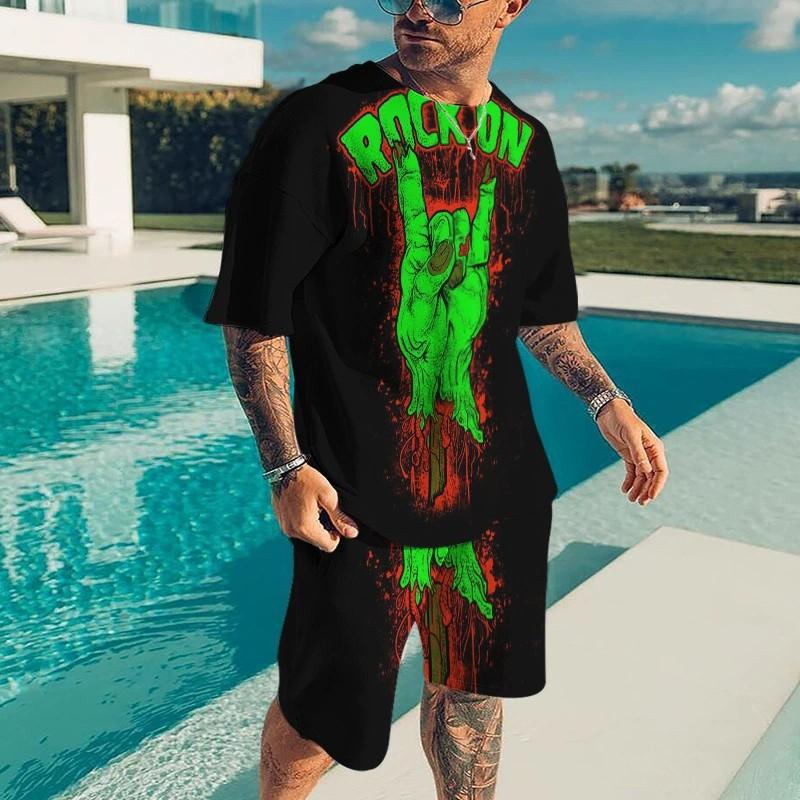 Creative Personalized Skeleton 3D Printed Men's Two-Piece Set Summer Fashionable Soft Comfortable Breathable Large Loose Casual Style Sports Wear