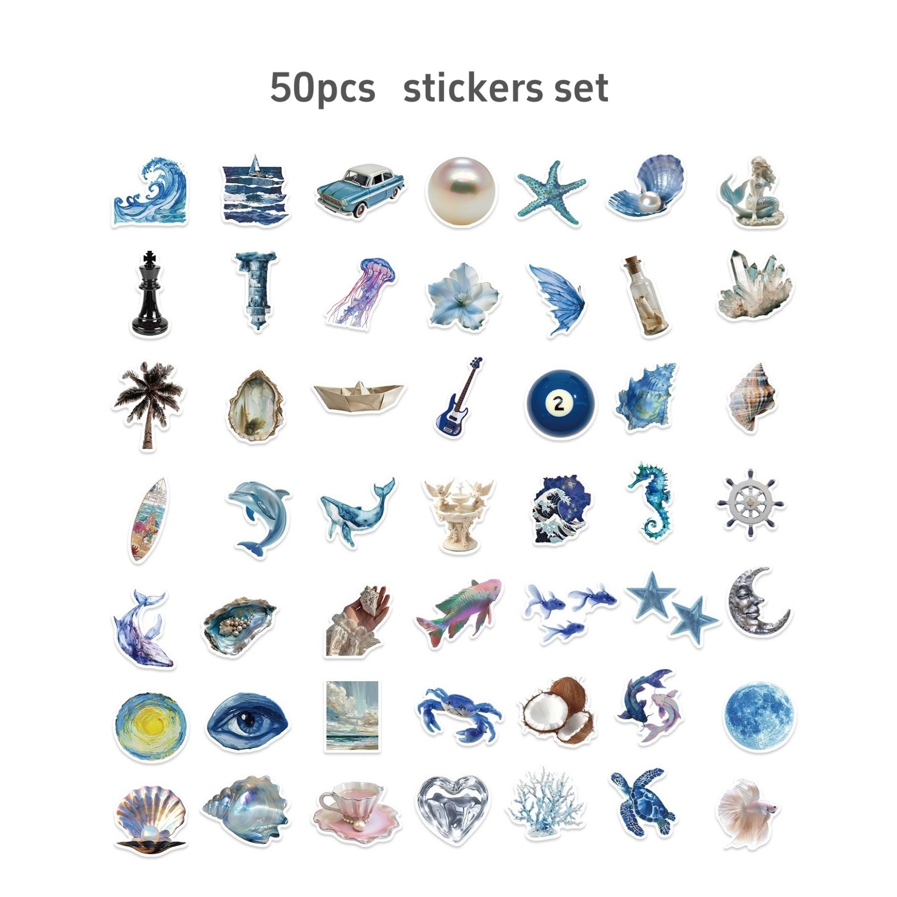 

Набор из 50 наклеек Silver Blue Ocean, самоклеящиеся водонепроницаемые наклейки, идеально подходят для украшения дневника, телефона, гитары, багажа