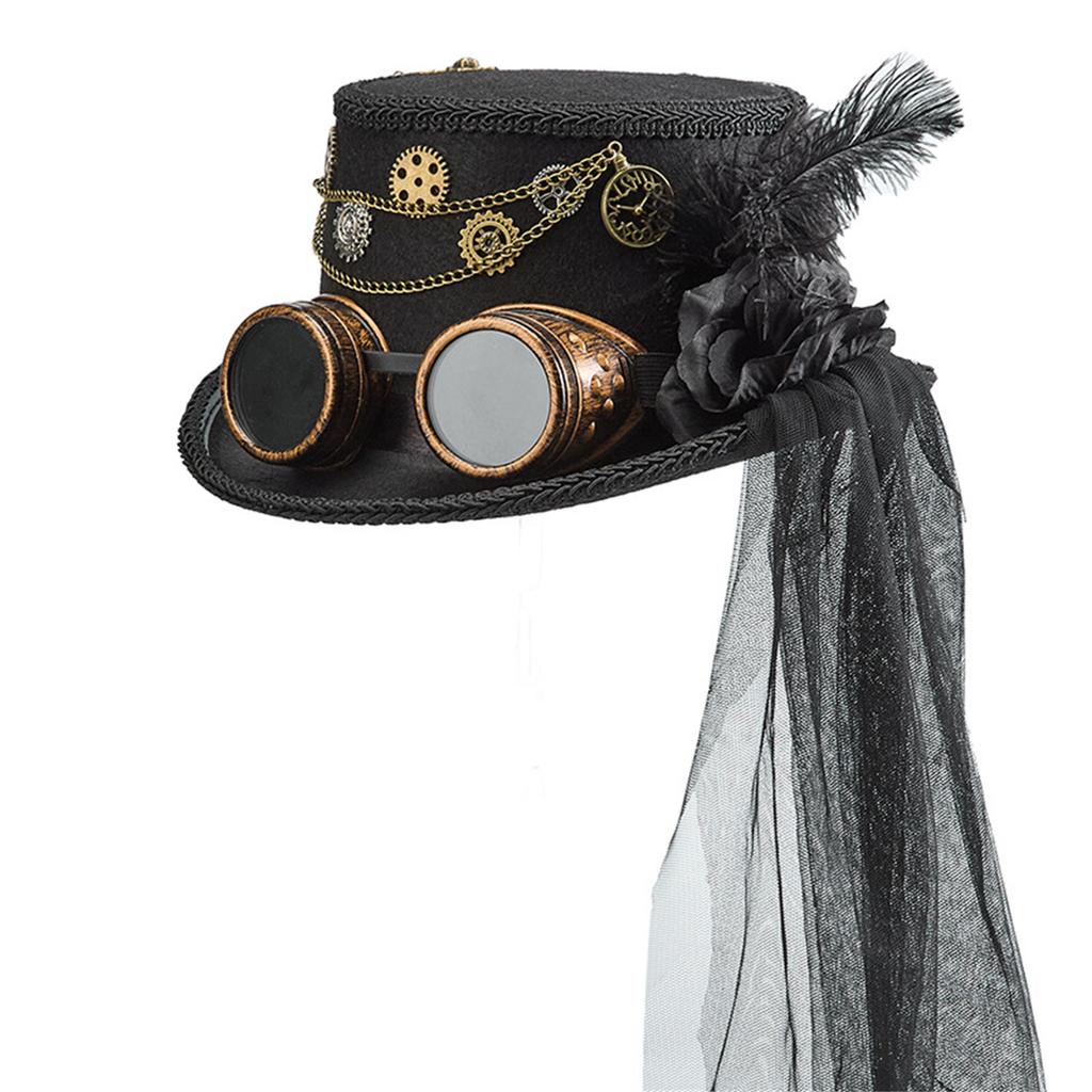 Gothic Lace Veil Tall Hat With Goggles and Metal Chain Gear Design Soft Wool Top Hat For Renaissances Fairs and Concerts