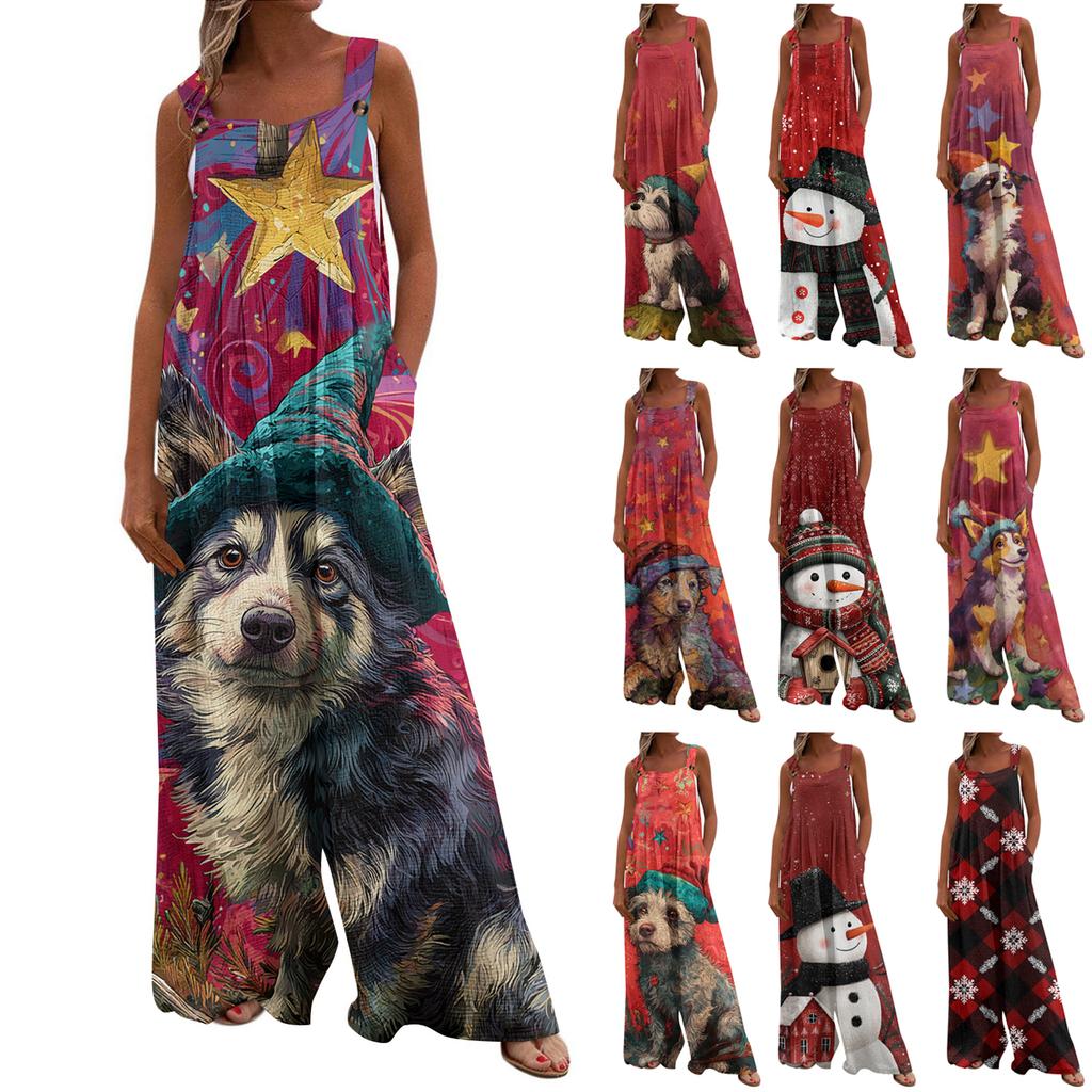 Women's Christmas Print Solid Wide Leg Strapless Tank Pocket Casual Onesie
