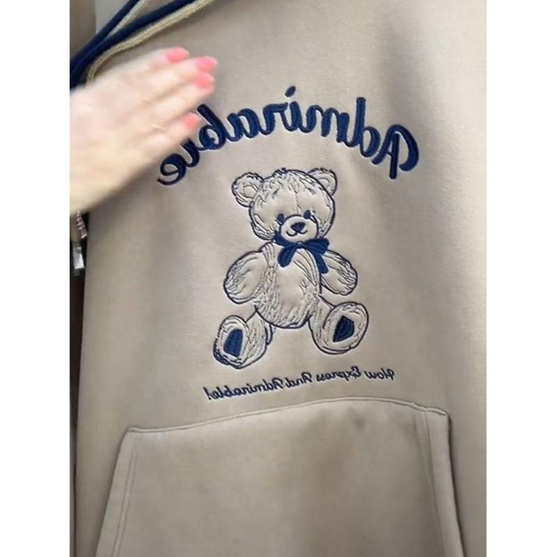 Herbst Winter Samt Verdickt Warm Bärenprint Stickerei Locker und Vielseitig Kapuzenpullover Langarm Damen Pullover
