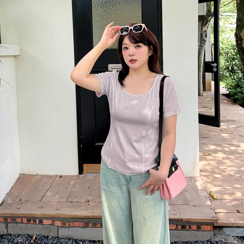 Age reduction color point small embroidery short-sleeved T-shirt summer new large size women's clothing pullover versatile top 252441