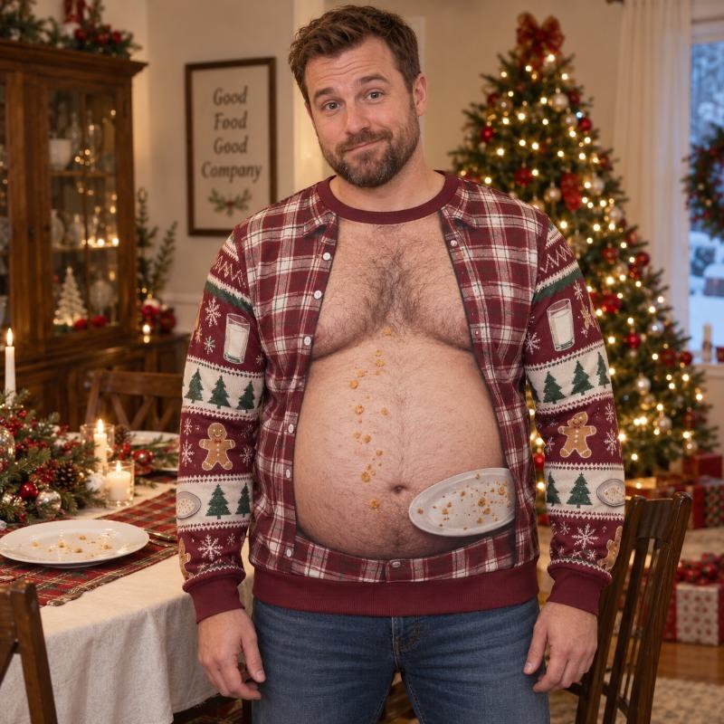 Funny Santa Cookie Belly Ugly Christmas Sweater Men 3D Print Polyester Crewneck Sweatshirt Holiday Party Pullover