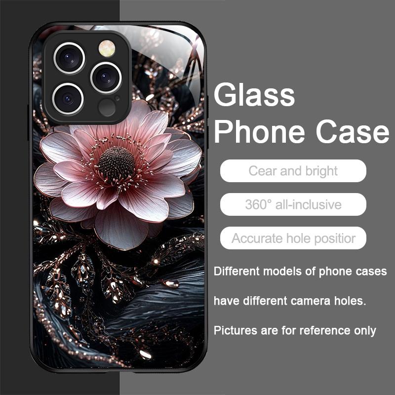 Elegante Custodia in Vetro Temperato con Motivo Fiore di Loto per iPhone 17 16 Pro Max 15 14 13 12 Mini 11 X XS MAX XR 7 8 Plus Cover