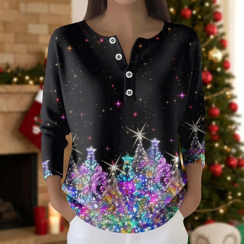 Damska Moda Top z Długim Rękawem z Nadrukiem Świątecznej Śnieżynki Elegancki Casualowy Top